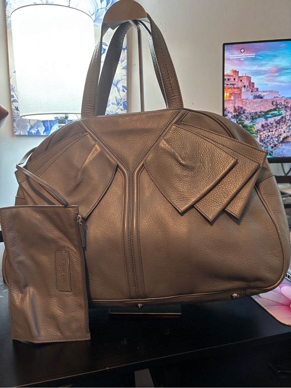 Authentic YSL Yves Saint Laurent Grey Leather Sac Y Obi Bow Bowler Bag w/ Pouch